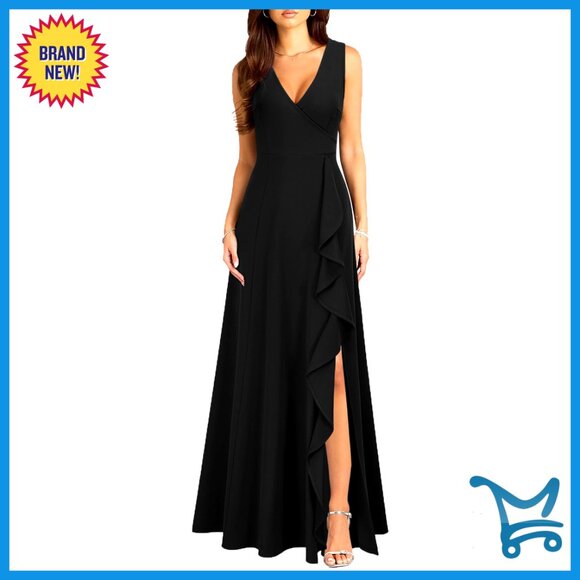 V-Neck Ruffle Cocktail Dress with Pockets Elegant Formal Party Long Dress
